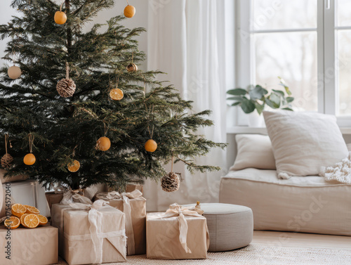 Minimalist interior with a Christmas tree decorated with eco-friendly ornaments, pine cones, and dried oranges. Cozy and natural festive atmosphere with simple and sustainable holiday decor.