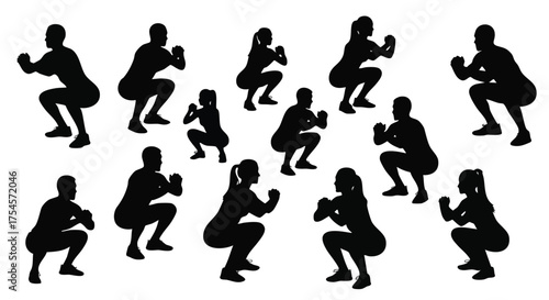 Silhouettes of diverse individuals performing squats, demonstrating fitness and exercise techniques