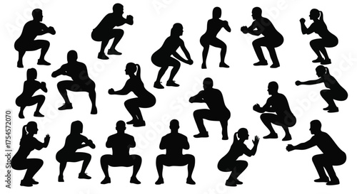 Silhouette Collection of People Performing Squats for Exercise and Fitness