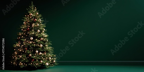 Christmas tree decorated with fairy lights on a green background in a green room. Minimal banner layout with empty space for text, cozy festive atmosphere.