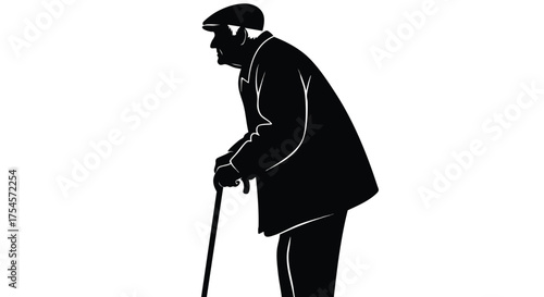 Silhouette of an Elderly Man with a Cane A Representation of Aging, Mobility, and Support