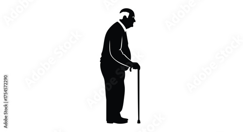Silhouette of an elderly man with a cane, standing and looking to the side, conveying a sense of age and experience