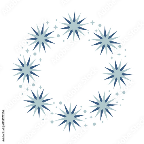 Round holiday frame of large and small snowflakes. Star shapes. Flat vector design. Blue and gray color. Christmas, New Year.