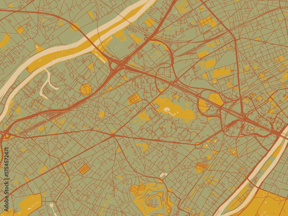 Obraz premium Stylized minimalist map of Nanterre, France in sage green ground with rust-red roads and ochre accents.