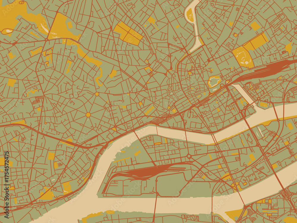 Obraz premium Graphic flat color map of Nantes Centre, France in muted sage base, rust-colored roads, and soft ochre highlights.