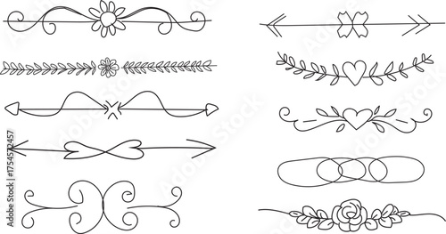 Ornamental Dividers Set. Floral and Heart Line Art Vector Collection