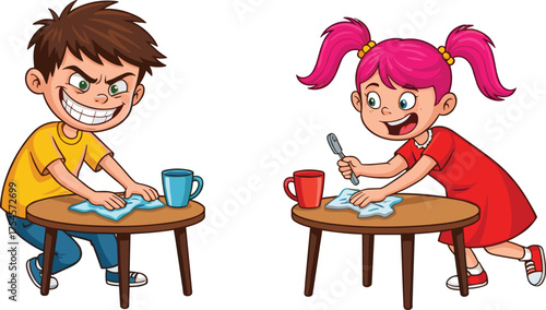 Children cleaning tables, cartoon chore scene, playful vs intense behavior, expressive emotion contrast, household activity moment, mug and cloth illustration