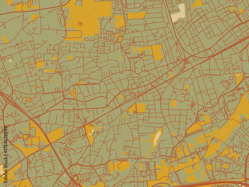 Obraz premium Vector-style flat map of Pessac, France with sage green ground with rust-red roads and ochre accents.