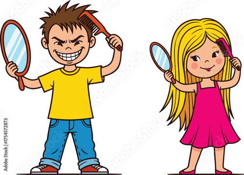 Children grooming with mirrors, cartoon hygiene scene, playful vs gentle behavior, expressive emotion contrast, comb and mirror illustration