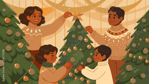A family decorates christmas trees with ornaments and a star topper in a festive interior setting scene silhouette