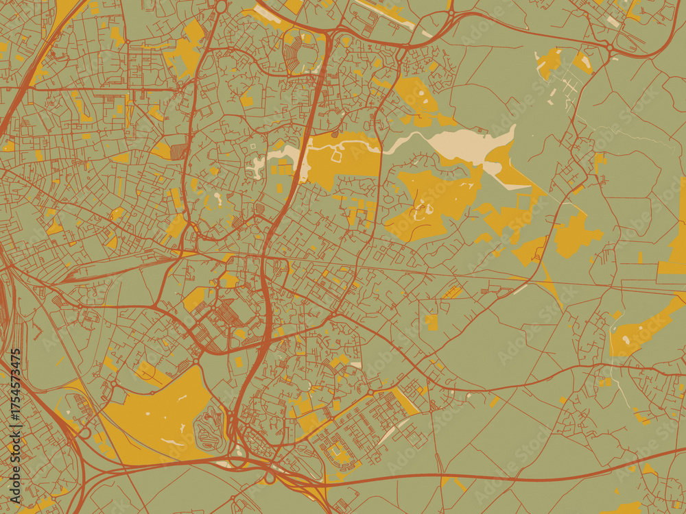 Fototapeta premium Stylized minimalist map of Villeneuve-Ascq, France in muted sage base, rust-colored roads, and soft ochre highlights.