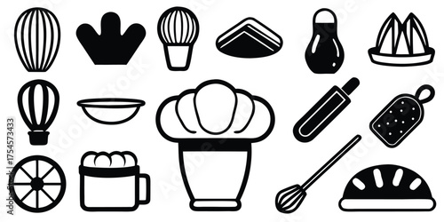 Collection of hand drawn kitchen utensils and baking tools isolated on white background