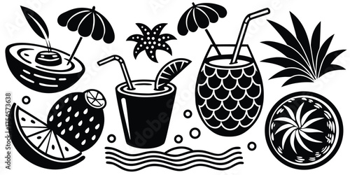Tropical summer drinks and fruits silhouette collection for refreshing beach vacation vibes