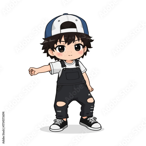 Cute Cartoon Boy Wearing Overalls and Baseball Cap Doing a Dab
