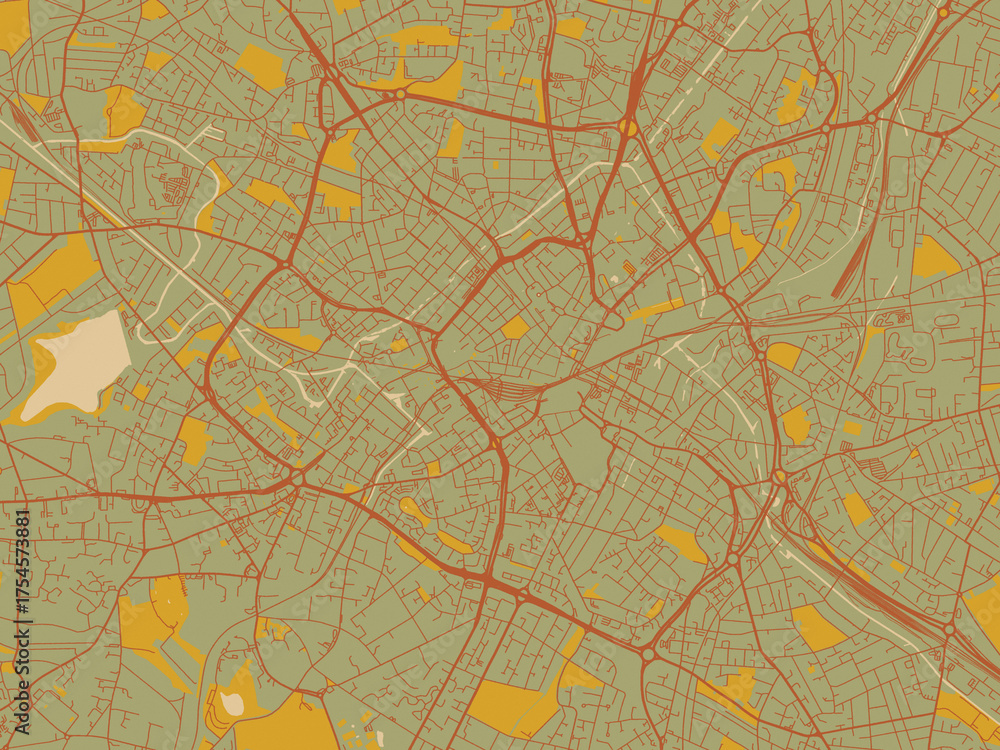 Obraz premium Graphic flat color map of Birmingham Center, United Kingdom in earthy sage background with rust roadways and ochre details.