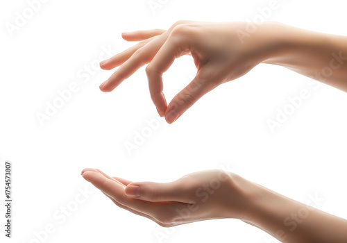 Hands offering concept: isolated graceful hand gesture delivering or presenting something into another receiving hand against black background