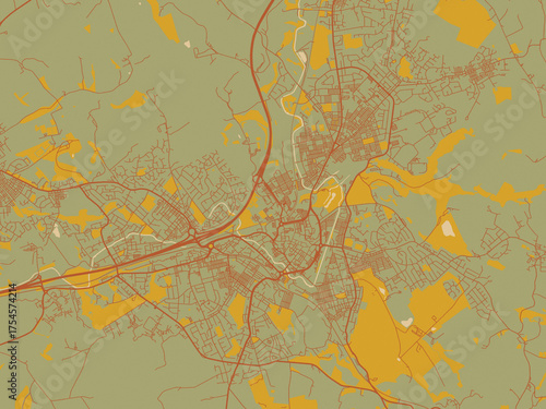 Modern flat map poster of Burnley, United Kingdom in olive backdrop with warm rust street network and ochre blocks.
