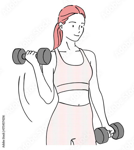 ダンベルを持って筋力トレーニングをする女性の線画イラスト,フィットネス,健康,ダイエット