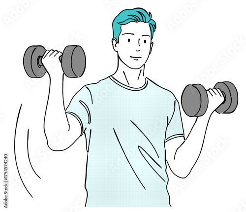 ダンベルを持って筋力トレーニングをする男性の線画イラスト,フィットネス,健康,エクササイズ
