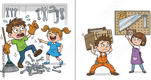Children interacting with tools, cartoon workshop scene, playful vs struggling behavior, expressive emotion contrast, safety moment, pegboard and toolbox illustration