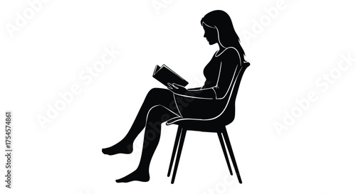 Silhouette of a woman absorbed in reading a book while seated on a chair, showcasing leisure and literacy