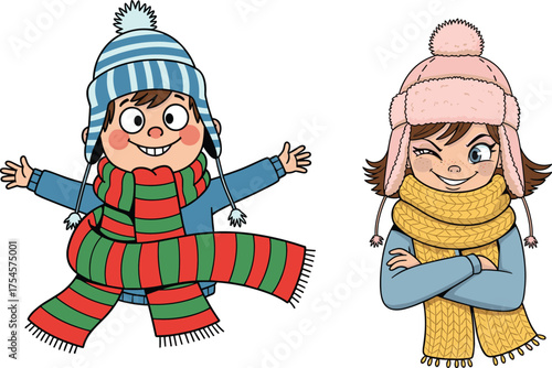Children in winter clothes, cartoon seasonal scene, cheerful vs playful behavior, expressive emotion contrast, cozy outfit moment, hat and scarf illustration