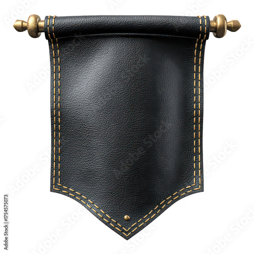 Elegant Black Leather Banner with Golden Decorative Elements isolated on transparent background.