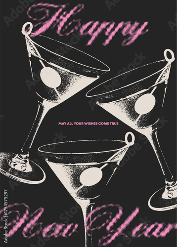  Gritty halftone dots and noisy threshold texture. Happy New Year 90s style post card. Martini glasses with olives. Retro photocopy artwork with stipple shading.