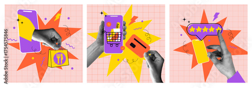 Order food online. Trendy Halftone Collage man Hand holds Phone giving gold five star rating feedback. Hand holding mobile smart phone with delivery food app.  Best score point to review service. 