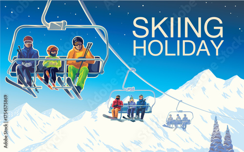 Ski lift in motion with happy vacationers against the backdrop of dramatic snow-capped peaks. Winter sports, alpine adventure, tourism concept. Vector illustration.