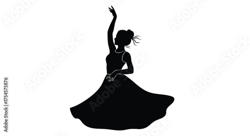 Silhouette of a Dancing Woman in a Flowing Gown, Gracefully Posing with Raised Arm