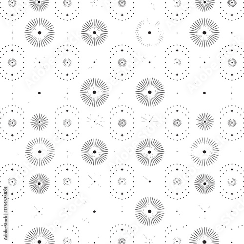 Vector art of seamless pattern of abstract sunbursts and stars