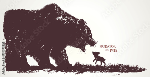 Huge, dangerous, and aggressive bear growls at a small piglet. The piglet is in danger. Vector illustration.