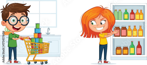 Children organizing groceries, cartoon kitchen scene, food stocking behavior, playful shopping moment, pantry and cart illustration, expressive emotion, colorful jars