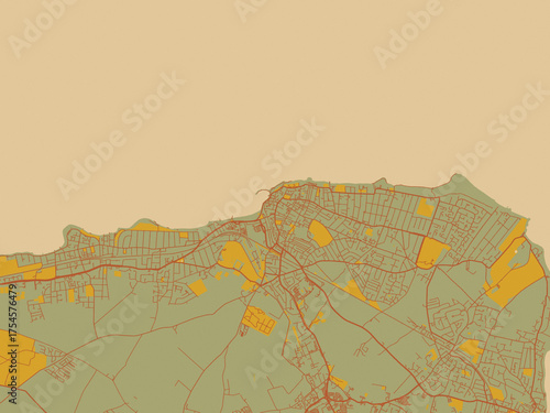 Poster-ready flat map of Margate, United Kingdom, sage/olive tone field with rust networks and ochre shapes, cream water.