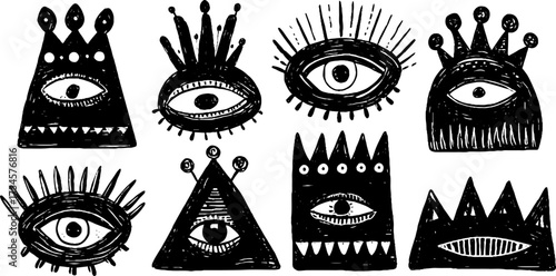 Tribal folk art blackwork illustration set with abstract symbolic eyes and crowns