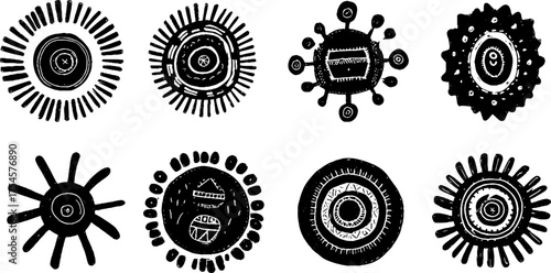 Tribal folk art set of abstract circular designs in blackwork illustration style for unique decor