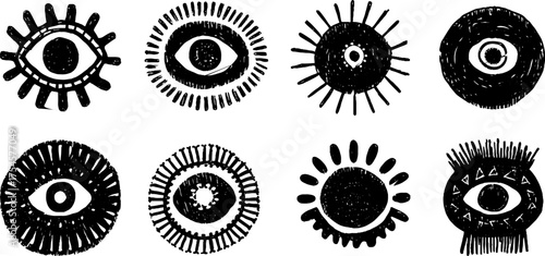 Tribal folk art: circular eye motifs in blackwork style for design and decoration