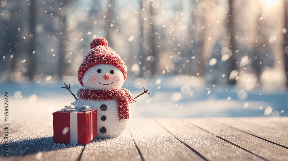 Obraz premium smiling snowman with red gift box on wooden surface outdoor, sunny winter day