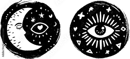 Tribal folk art cosmic symbols with eye and moon motifs for bohemian design