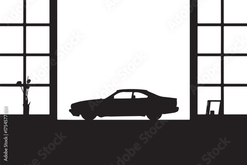 Classic car silhouette in a showroom window artistic illustration style