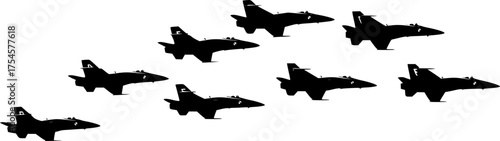 Blue angel silhouette. This image features seven jet silhouettes arranged in a precise formation, Blue Angels, a renowned U.S. Navy flight demonstration squadron. Vector clipart illustration design