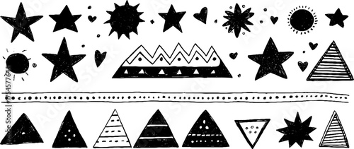 Tribal folk art blackwork design set with decorative stars and triangles for creative projects