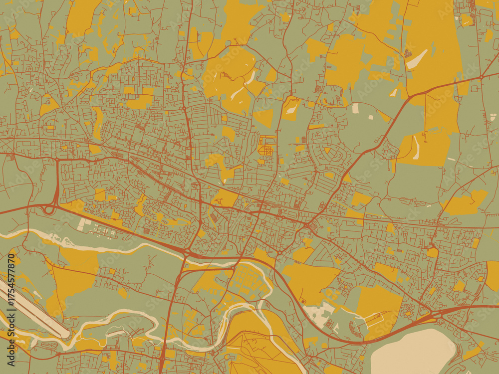 Fototapeta premium Abstract flat-design map of Slough, United Kingdom, featuring muted sage base, rust-colored roads, and soft ochre highlights.