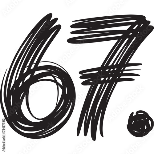 Vector art of hand drawn number 67 with a small dot