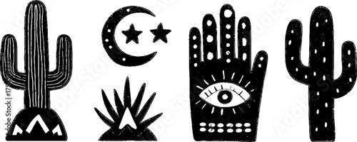 Tribal folk art silhouette desert elements for boho designs