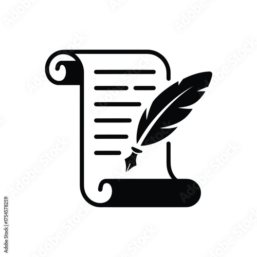 Scroll with feather quill pen writing document