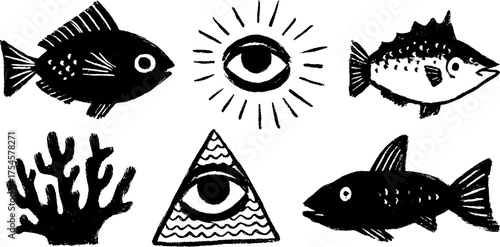 Tribal marine creatures in folk art blackwork style for nautical design