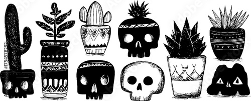 Tribal folk art blackwork style - minimalist skull and plant illustrations for wall decor or craft projects