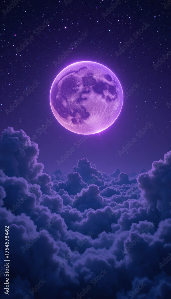 Obraz premium Purple moon rising above the clouds in a starry night sky